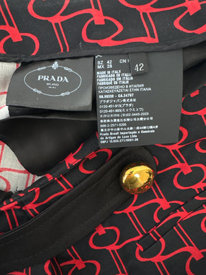 Prada Black & Red Repeating Motif Trousers with Satin Belt and Gold Button Detail Size 42 (UK 10)