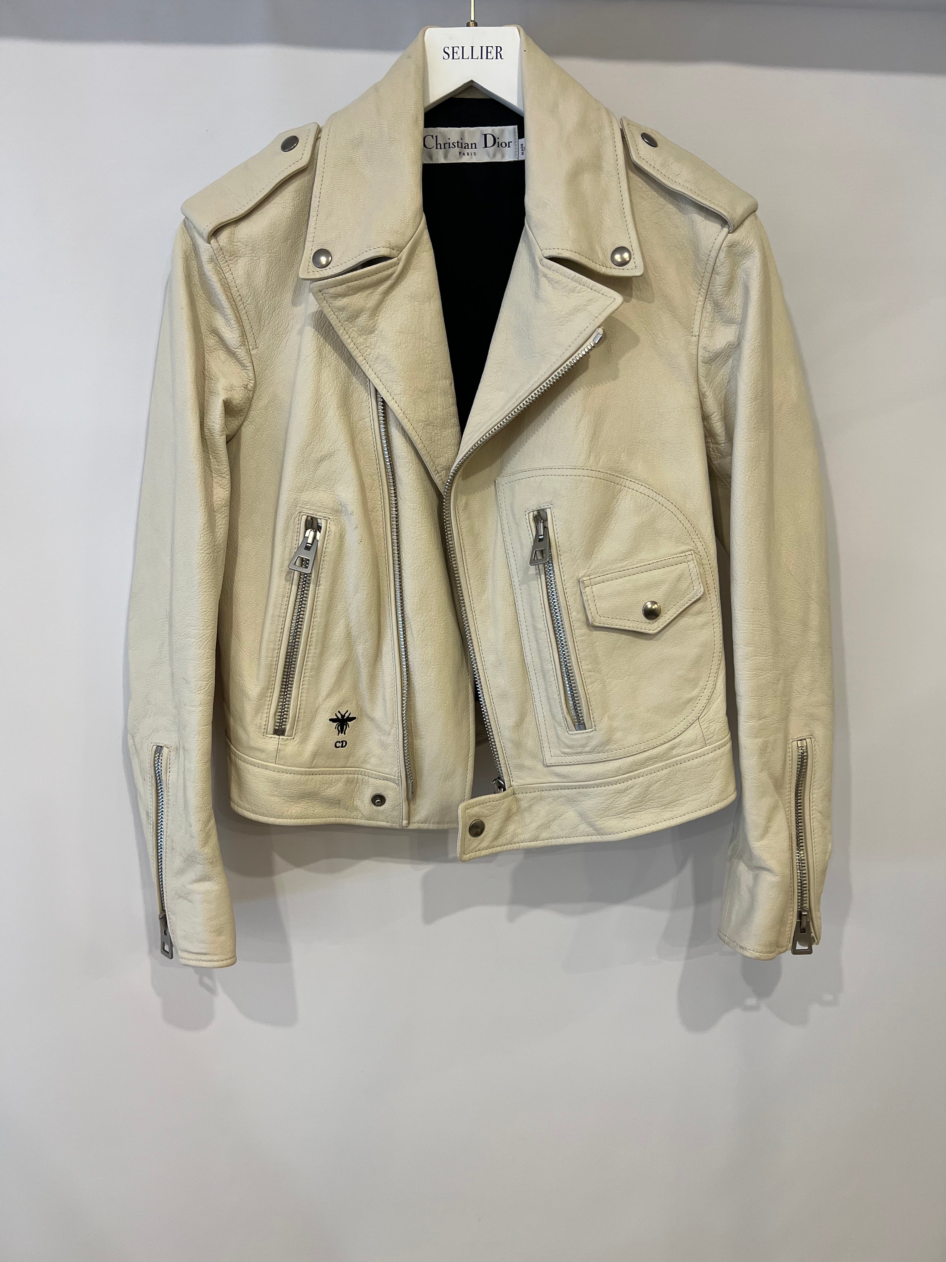 Christian Dior Cream Goatskin Leather Biker Jacket with Back