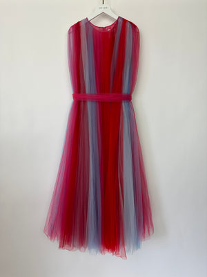 Carolina Herrera Blue, Pink & Red Sheer Tulle Sleeveless Belted Gown Size M (UK 10)