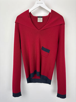 Chanel Deep Red Hooded Knit Jumper with Navy Trim and Small Patch Pocket Detail Size FR 40 (UK 12)