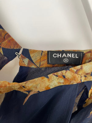 Chanel Navy Floral Silk Sleeveless Mini Dress With Decorative Gold Button Details FR 38 (UK 10)