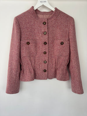 Chanel 01/A Pink Round Neck Tweed Button Down Jacket  with CC Logo Detail Size FR 42 (UK 14)