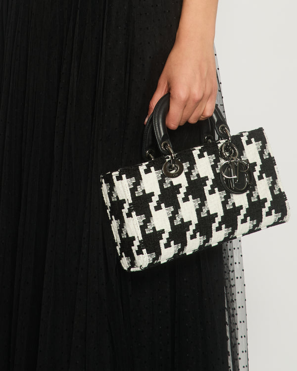 Christian Dior Black and White Tweed Houndstooth Medium Lady D-Joy Bag with Ruthenium Hardware RRP £3,800