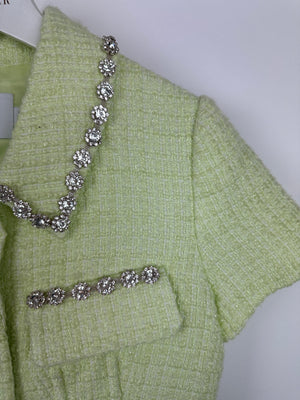 Self-Portrait Lime Green Cropped Short Sleeve Jacket and Skirt Tweed Set with Crystal Embellishment Details Size (UK 8)