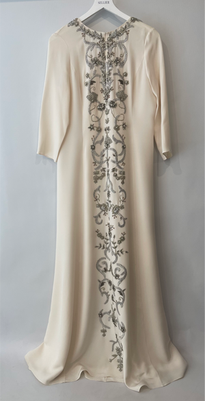 *HOT* Oscar De La Renta Cream Mid Sleeve Silk Maxi Gown Dress with Embellishment Details Size M (UK 10)