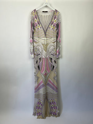 Roberto Cavalli Long Sleeve Multicolour Gown with Aztec Print Detail Size IT 42 (UK 10)