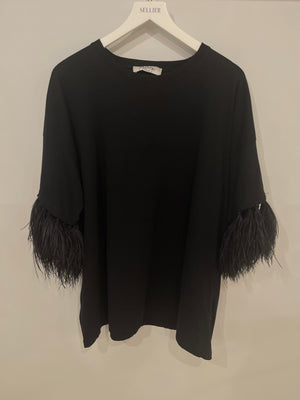 Valentino Black Oversized T-Shirt with Feathers Sleeve Details Size IT 42 (UK 10)