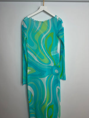 Emilio Pucci Blue, Green and White Mesh Long Sleeve Maxi Dress IT 44 (UK 12)