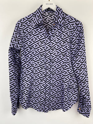 Versace Le Greca Purple Printed Silk Shirt IT 40 (UK 8)