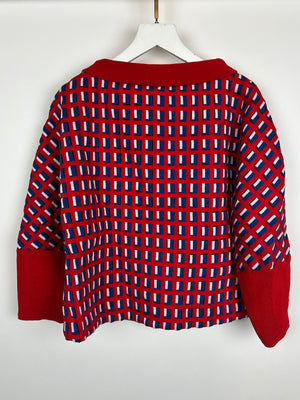 Chanel SS13 Red Knit Jumper with Pearl Pockets & Blue and White Window Detail Size FR 36 (UK 8)