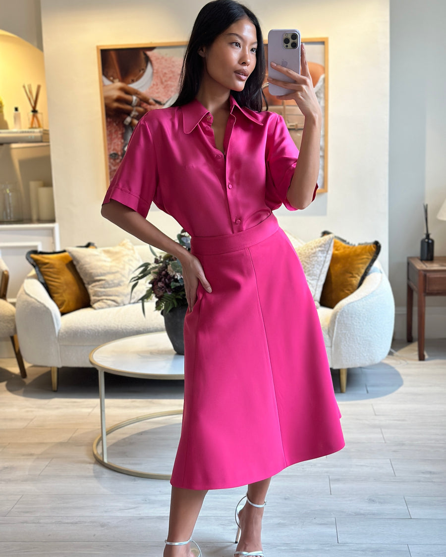 Gucci Hot Pink Silk Short-Sleeve Shirt and Midi Skirt Set Size IT 44 (UK 12)