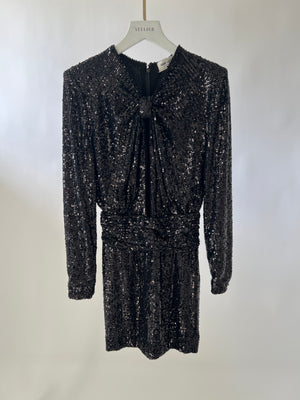 Saint Laurent Black Long Sleeve Sequin Mini Dress with Ruched Waist Detail FR 36 (UK 8)