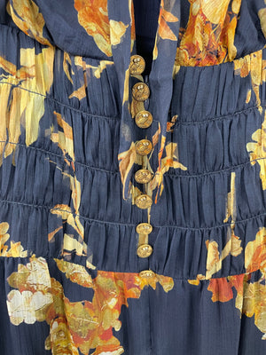 Chanel Navy Floral Silk Sleeveless Mini Dress With Decorative Gold Button Details FR 38 (UK 10)