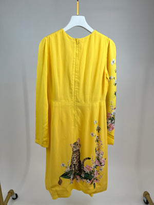 Dolce & Gabbana Yellow Long Sleeve Midi Dress with Cat and Floral Print Size IT 42 (UK 10)