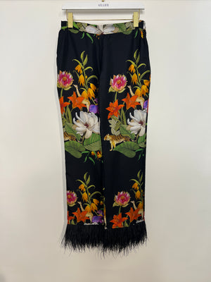 Borgo De Nor Black and Multi-Colour Jungle Print Trousers and Jacket Silk Set with Ostrich Feather Sleeve Detail Size UK 6