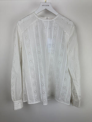 Celine White Long-Sleeve Sheer Blouse with Triomphe Logo Detail Size FR 36 (UK 8)