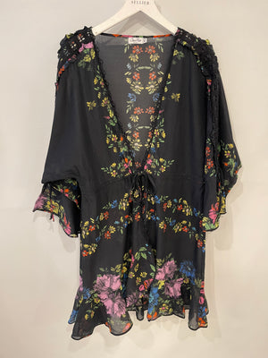 Charo Ruiz Black Blouse and Skirt Set with Colourful Floral Detail Size XS (UK 6)