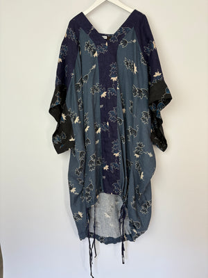 Loewe Navy Oversized Linen Kaftan Dress Dress with Floral Print and Drawstring Detail Size S (UK 8)