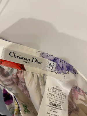 Christian Dior White Midi Skirt with Multicolour Floral Prints and Logo Size FR 40 (UK 12)