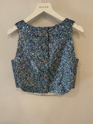 *HOT* Chanel 19P Blue Sequin Cropped Top and Short Set with Embellished Buttons Size FR 34 (UK 6) RRP £9,150