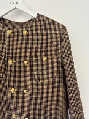 Celine Brown Houndstooth Collarless Jacket with Front Pockets and Gold Crest Buttons Size FR 42 (UK 14)