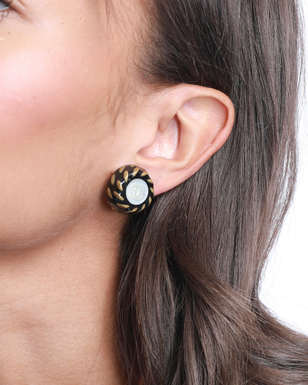 Chanel Vintage Black and Yellow Gold Round Clip-On Earrings with CC Pearl Logo Detail