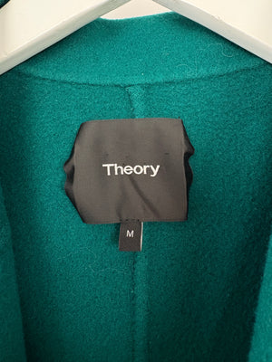 Theory Teal Green Wool Knee Length Belted Coat With Cropped Wide Sleeves Size Medium (UK 10)