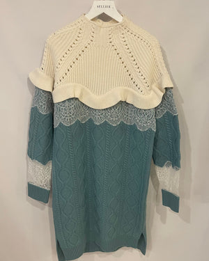 Fendi Light Blue and White Cashmere Cableknit Midi Dress with Lace Details Size IT 38 (UK 6) RRP £1,650