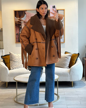 Rotate Brown Faux Shearling Double Breasted Tassel Pea Coat Size XS (UK 6/8)