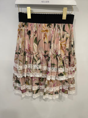 Dolce & Gabbana Pink Multicolour Floral Printed Mini Ruffle Skirt with Lace Detail Size IT 38 (UK 6)