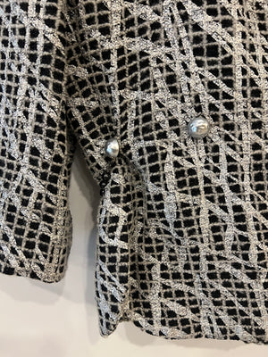 Chanel Black and Silver Metallic Tweed Jacket with CC Buttons and Removable Pearl Detail Size FR 38 (UK 10)