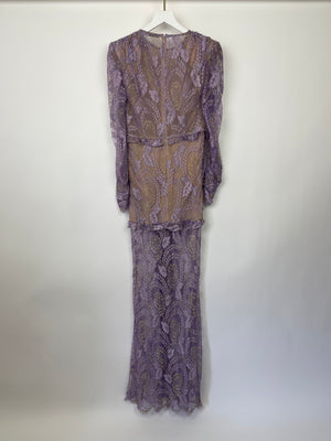 Alessandra Rich Lilac & Gold Lace Ruched Gown Dress Size IT 42 (UK 10)