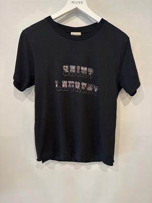 Saint Laurent Black Round Neck T-Shirt with Logo Print Detail Size S (UK 8)