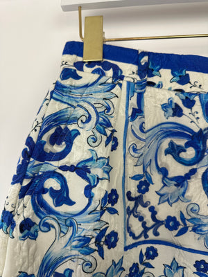 Dolce & Gabbana Blue Majolica Print High-Waist Shorts Size IT 40 (UK 8)