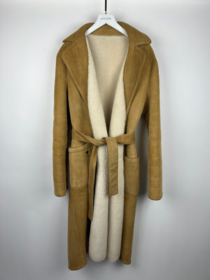 Christian Dior Tan and Cream Reversible Suede and Shearling Coat with Embroidered Logo and Belt Size FR 38 (UK 10)