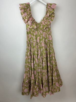 Zimmermann Green The Lovestruck Pleated Long Dress with Floral Details Size 1 (UK 8)