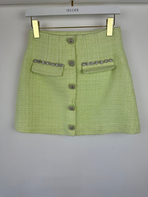 Self-Portrait Lime Green Cropped Short Sleeve Jacket and Skirt Tweed Set with Crystal Embellishment Details Size (UK 8)