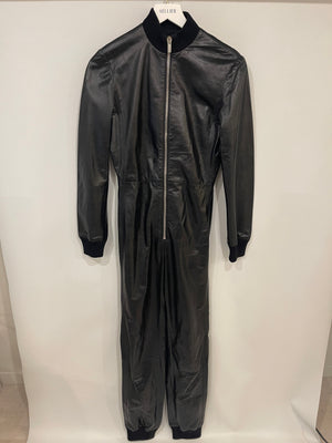 Christian Dior Runway 2018 Black Leather Jumpsuit with Cuffed Wrist & Ankles with Bee Embroidery Detail Size FR 34 (UK 6)