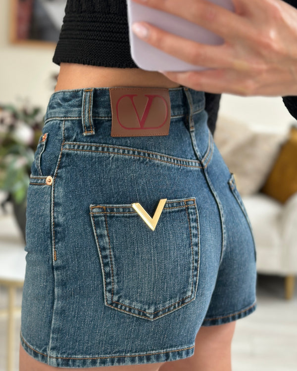 Valentino Dark Denim Shorts with Gold V Logo Back Pocket Detail Size 25 (UK 6)