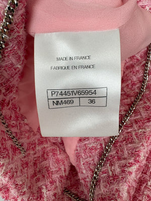 *HOT* Chanel 2023 Cropped Pink Short Sleeve Tweed Jacket with Silver CC Buttons Size FR 36 (UK 8)