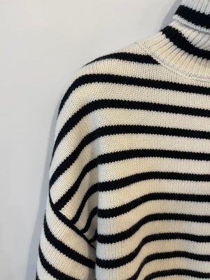 Soft Goat White and Black Striped Knit High Neck Wool Jumper Size S (UK 8)