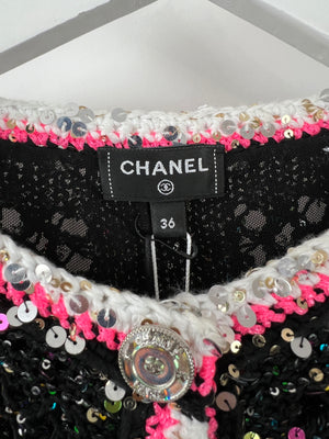 *SUPER HOT* Chanel 24 Black & Multicolour Sequin Cardigan with Pink & White Threads and CC Iridescent Logo Buttons Detail Size FR 36 (UK 8) RRP £5400