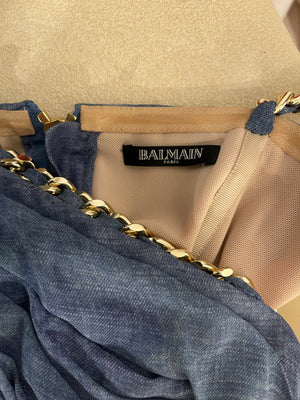 Balmain Denim Blue Silk Jumpsuit with Gold Chain-Straps and Buttons Detail Size FR 38 (UK 10)