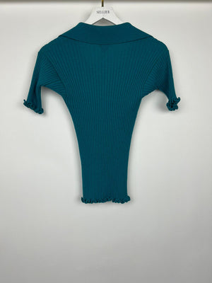 Bottega Veneta Turquoise Ribbed Wool Knit Short Sleeve T-Shirt with Pocket Detail Size Small (UK 8)