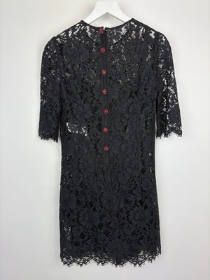 Dolce & Gabbana Black Lace Short Sleeve Dress with Red Crystal Button Details Size IT 40 (UK 8)