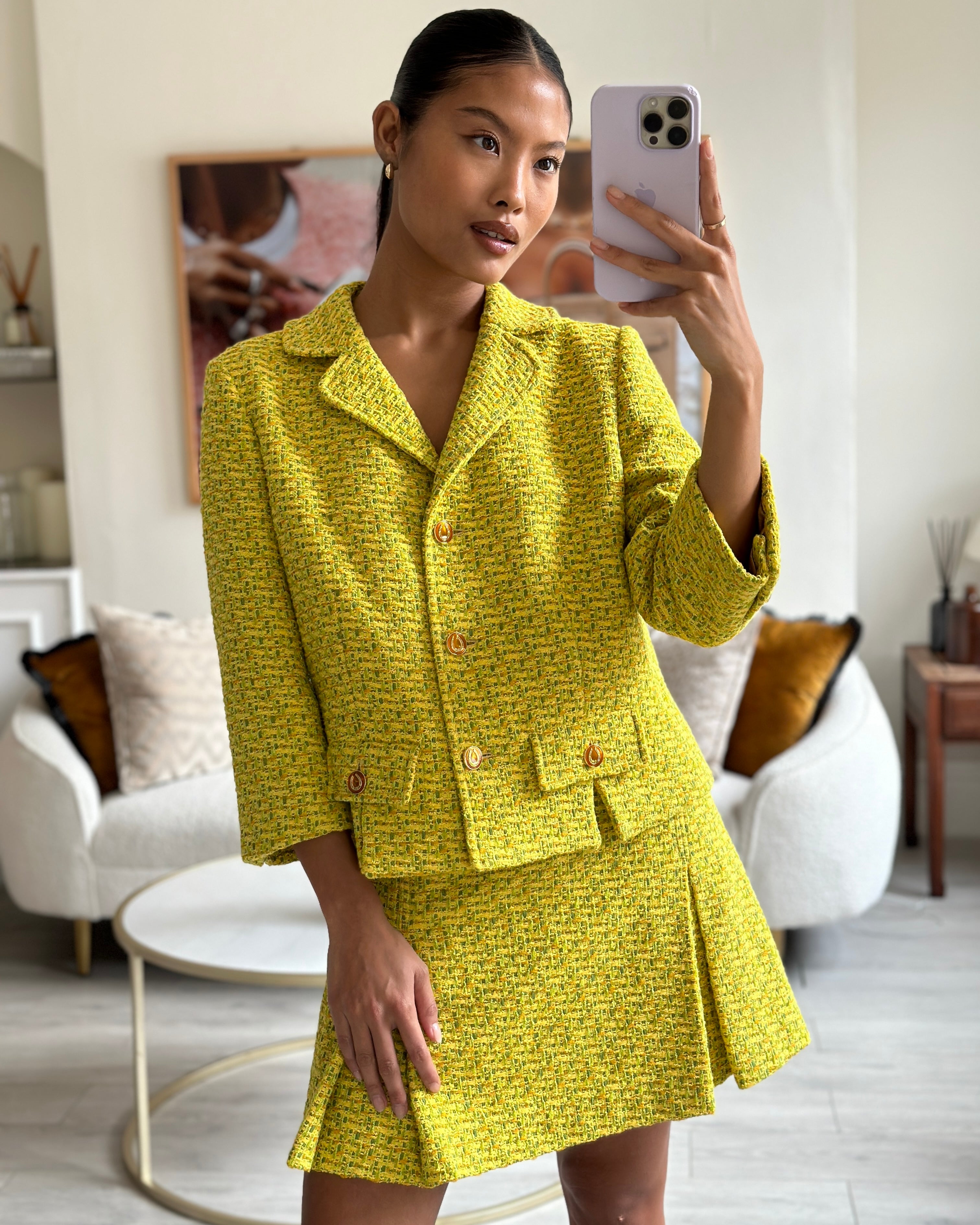 Gucci Yellow Tweed Long Sleeve Jacket and Mini Skirt Set with Horsesho Sellier