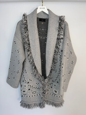 Alanui Grey Oversized Paisley Print Cardigan with Frayed Detail Size M (UK 10)