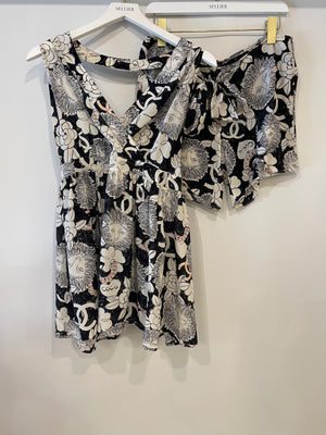 Chanel Black and White Abstract Printed Open-Back Silk Top and Shorts Set with CC Logo Details Size FR 36 (UK 8)