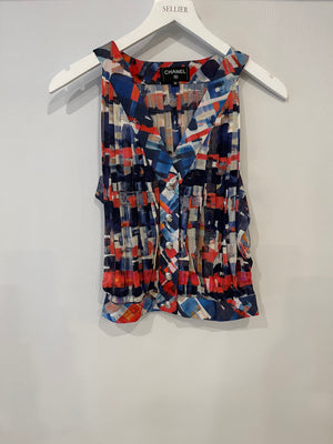 Chanel Multicolour Printed Silk Sleeveless Top with Silver CC Buttons Size FR 36 (UK 8)