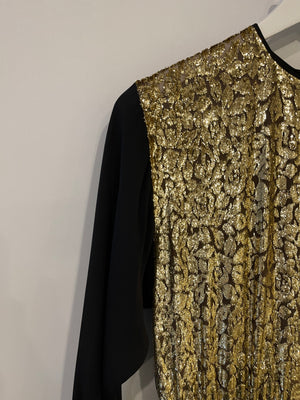 Alessandra Rich Black Gold Metallic Long Sleeve Gown with Lace Detail Size M (UK 10)